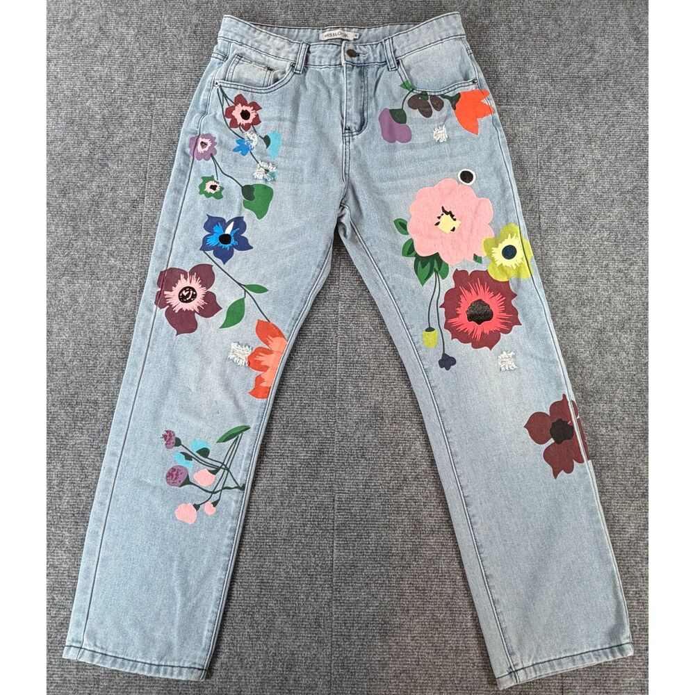 MISSLOOK Women's Floral Print Distressed Straight Leg Denim Jeans Size Medium